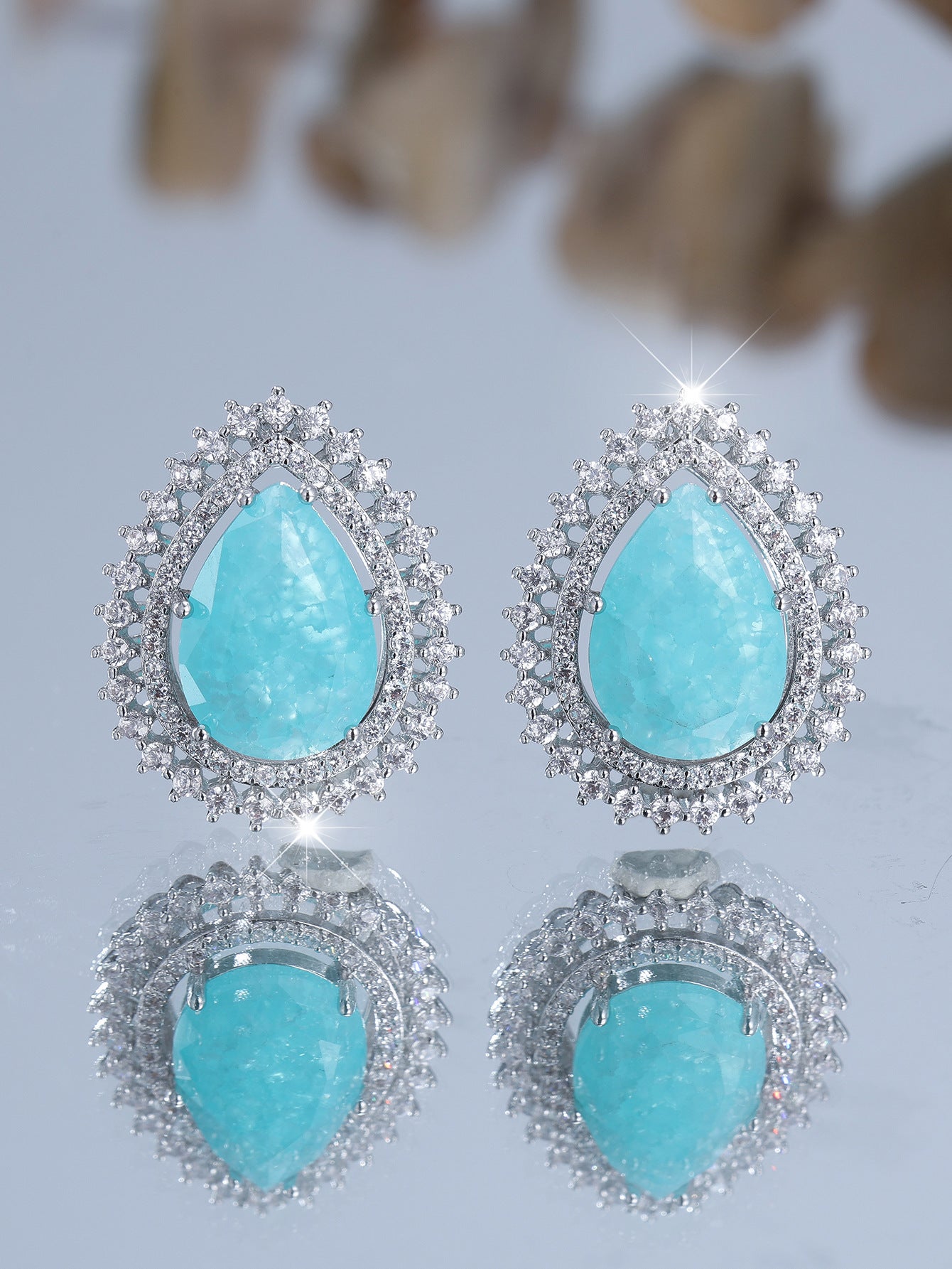 Women's Water Drop Ice Flower White Diamond Earrings