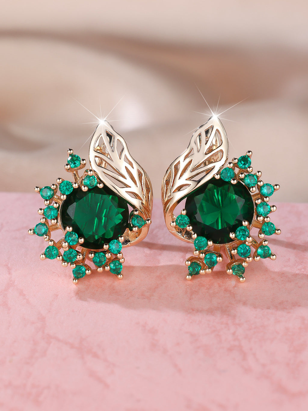Boucles d’oreilles rondes fleurs plume en zircon - NovaShop NovaShop Emerald Diamond / Rose gold Bigbuy