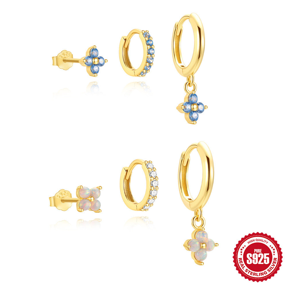 S925 sterling silver earrings with classic geometric petals and diamonds