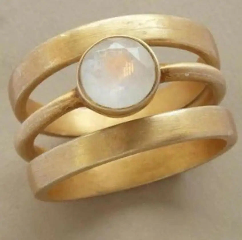 Gold-plated trendy ring with white chalcedony micro-inlays
