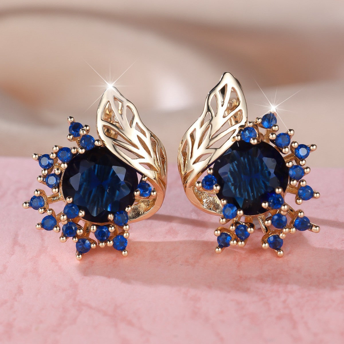 Boucles d’oreilles rondes fleurs plume en zircon - NovaShop NovaShop Sapphire Blue Diamond / Rose gold Bigbuy