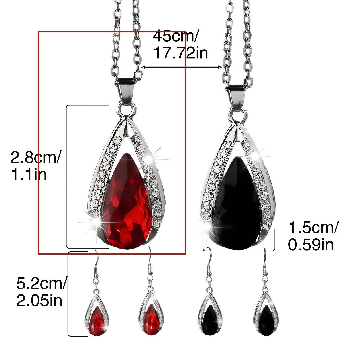 This set of a necklace and a pair of earrings features an elegant design with glass drop pendants.
