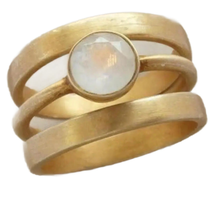 Gold-plated trendy ring with white chalcedony micro-inlays