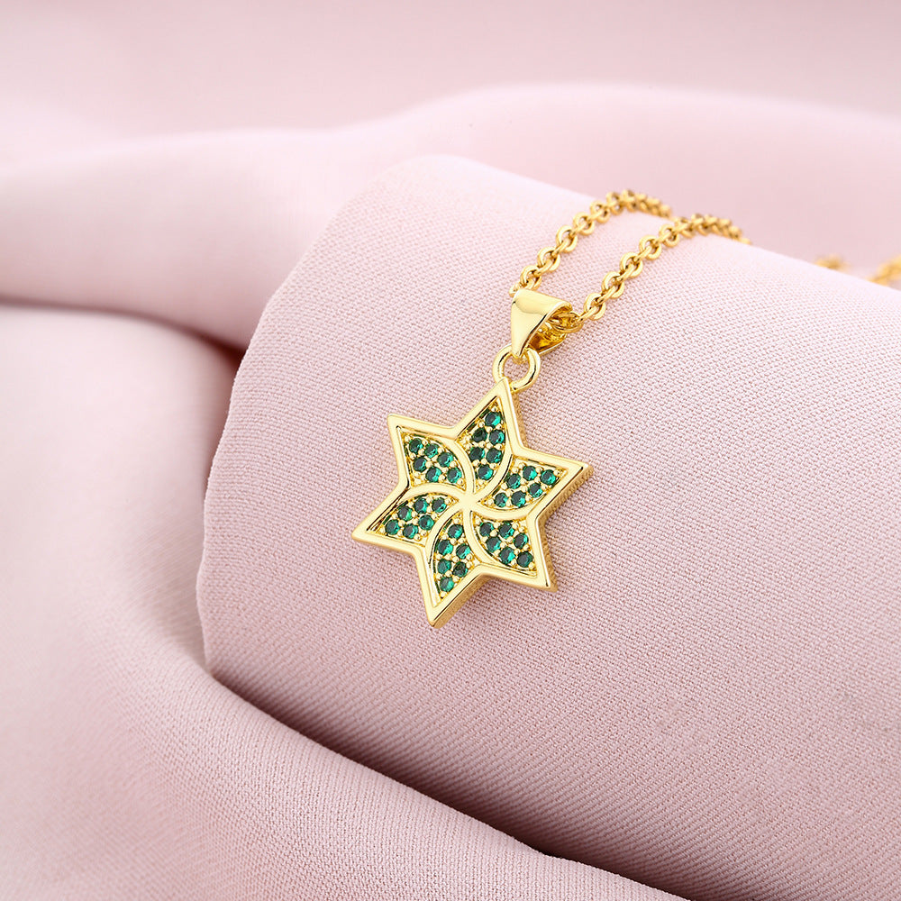 Six-pointed star shaped emerald zircon pendant necklace combines geometric design and fine craftsmanship