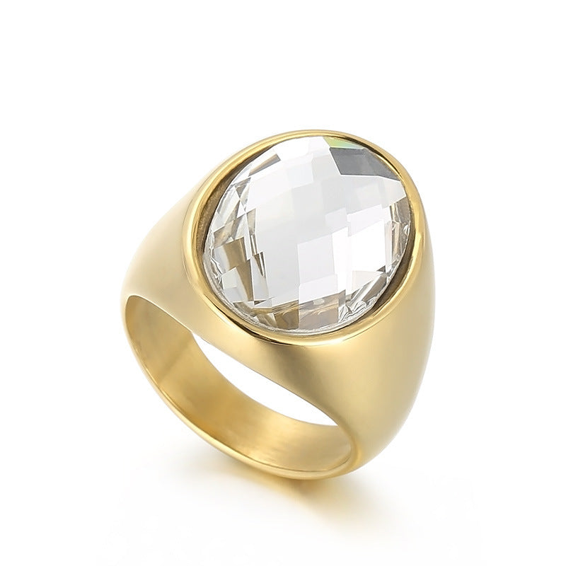 Elegant and personalized oval glass ring for women, retro electroplated titanium steel jewelry