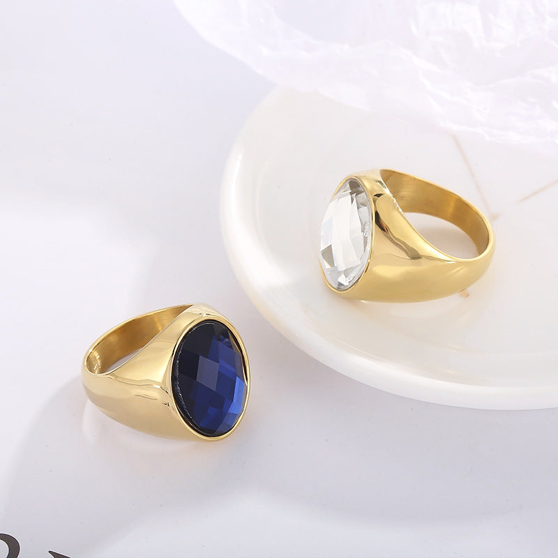 Elegant and personalized oval glass ring for women, retro electroplated titanium steel jewelry