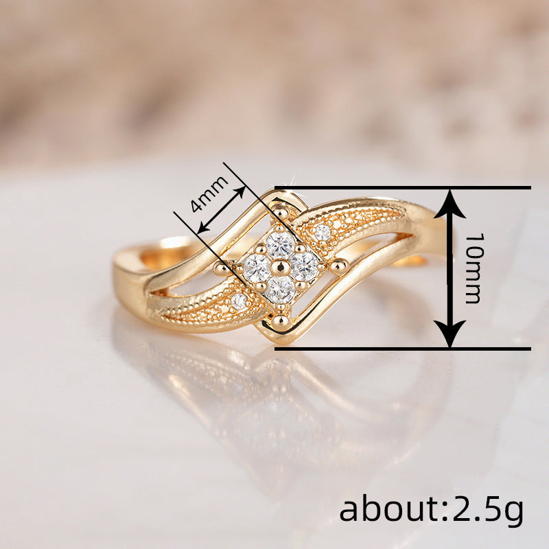 Women's Copper Ring with Inlaid Zircon and Geometric Design