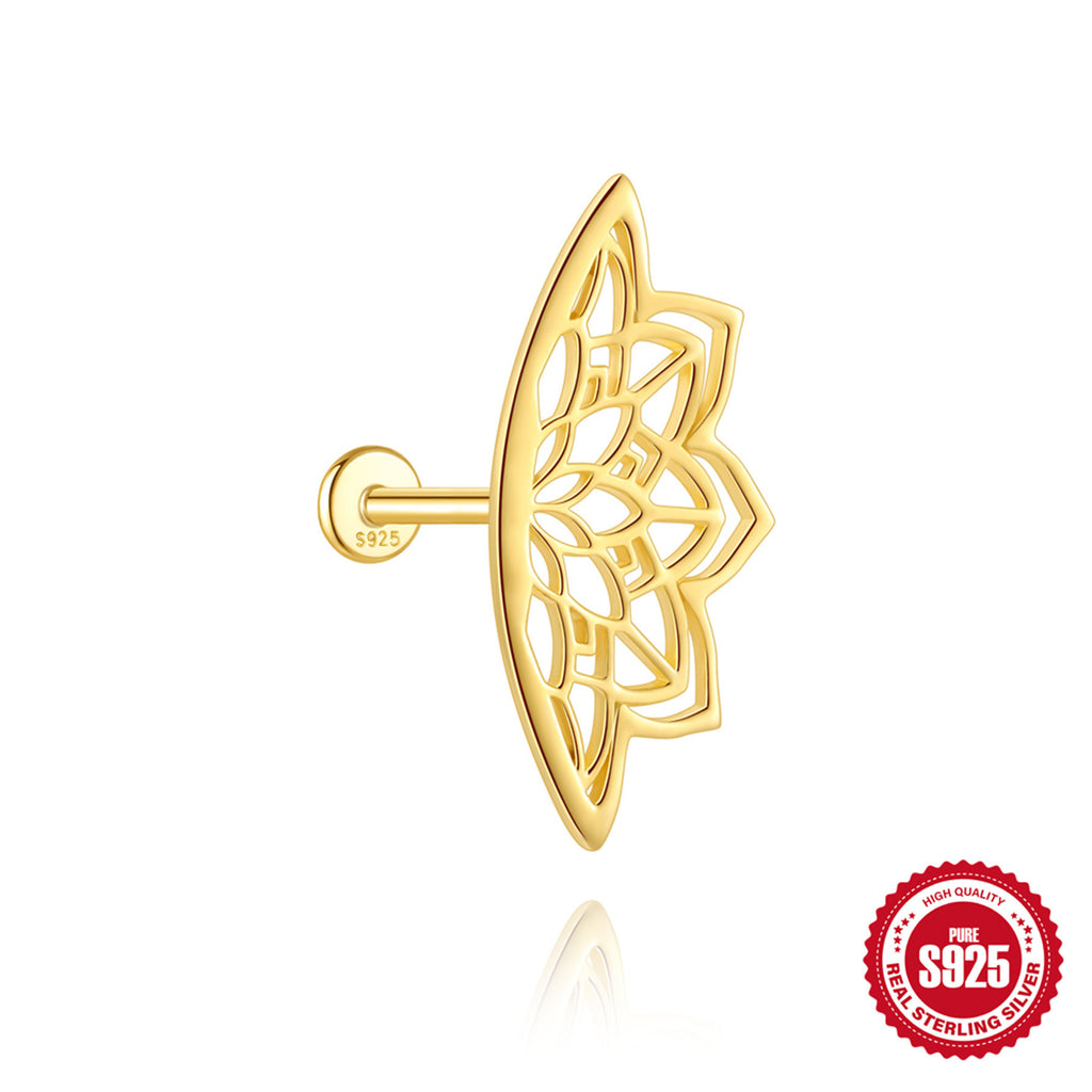S925 sterling silver ear stud with rhinestone inlaid and hollow lotus flower
