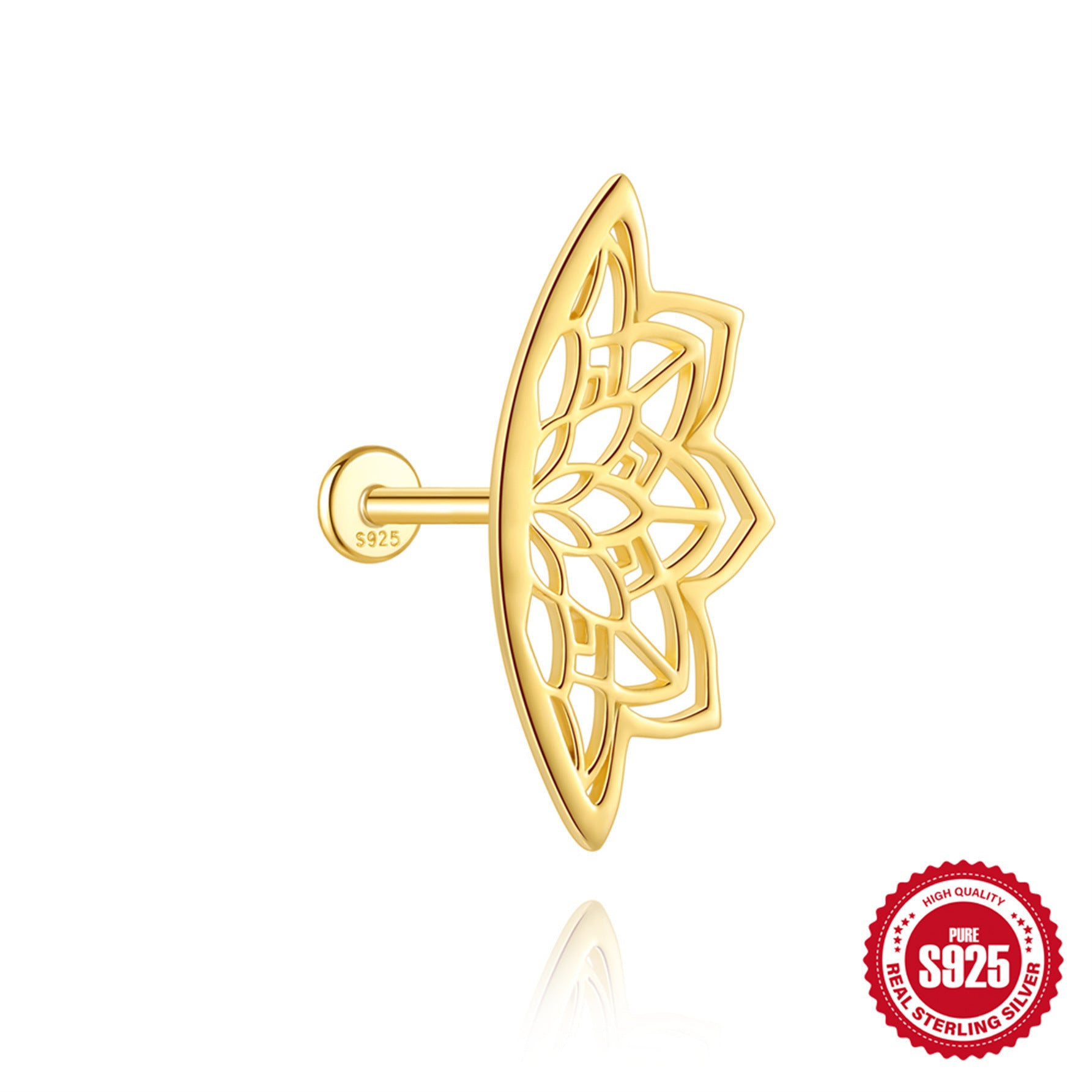 S925 sterling silver ear stud with rhinestone inlaid and hollow lotus flower