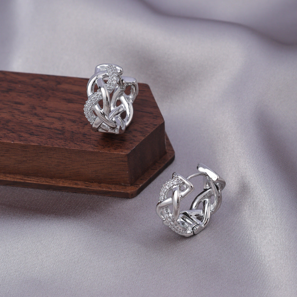 Micro-zircon, woven, twisted, gold-plated, lightweight, luxurious and high-end stud earrings
