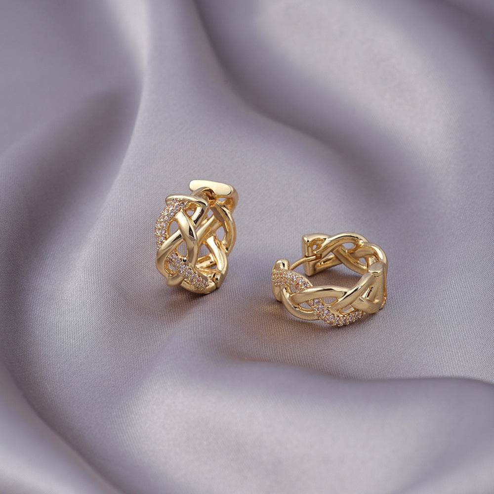 Micro-zircon, woven, twisted, gold-plated, lightweight, luxurious and high-end stud earrings