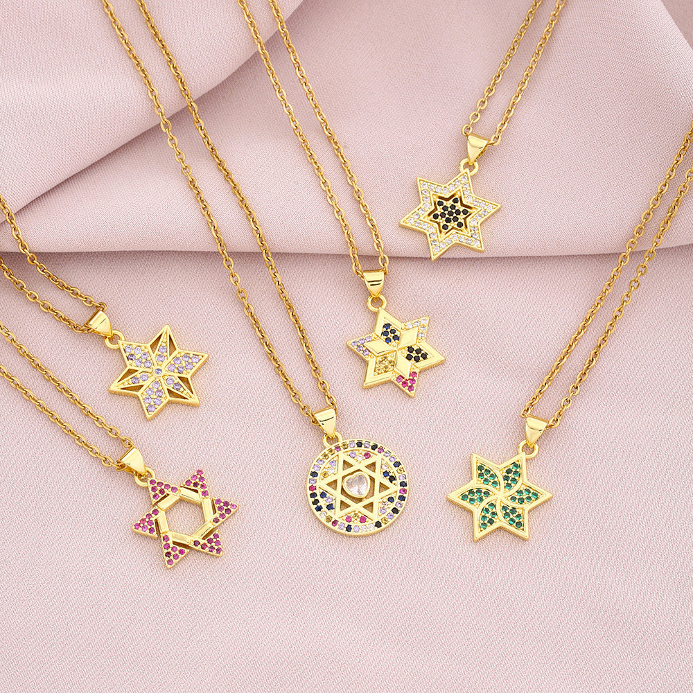 Six-pointed star shaped emerald zircon pendant necklace combines geometric design and fine craftsmanship