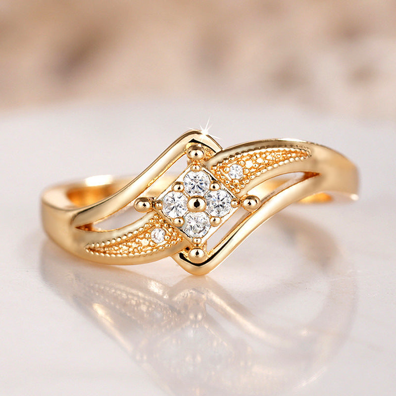 Women's Copper Ring with Inlaid Zircon and Geometric Design