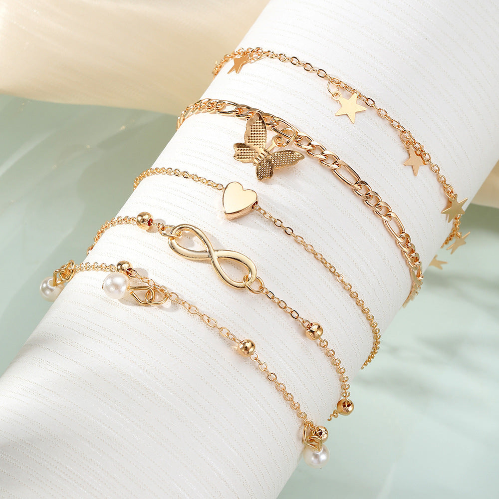Set of 4 Women's Multi-layer Heart and Butterfly Anklets