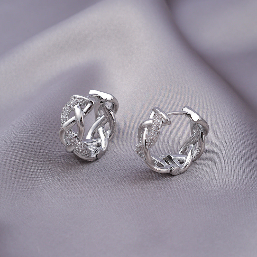 Micro-zircon, woven, twisted, gold-plated, lightweight, luxurious and high-end stud earrings