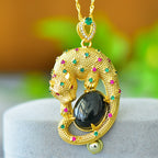 Stylish natural Hetian jade pendant inlaid with copper, blue jade