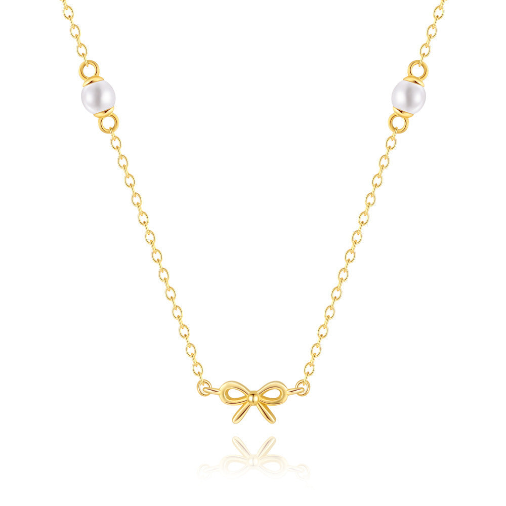S925 Sterling Silver Double Clavicle Chain Necklace with Pearl Knot