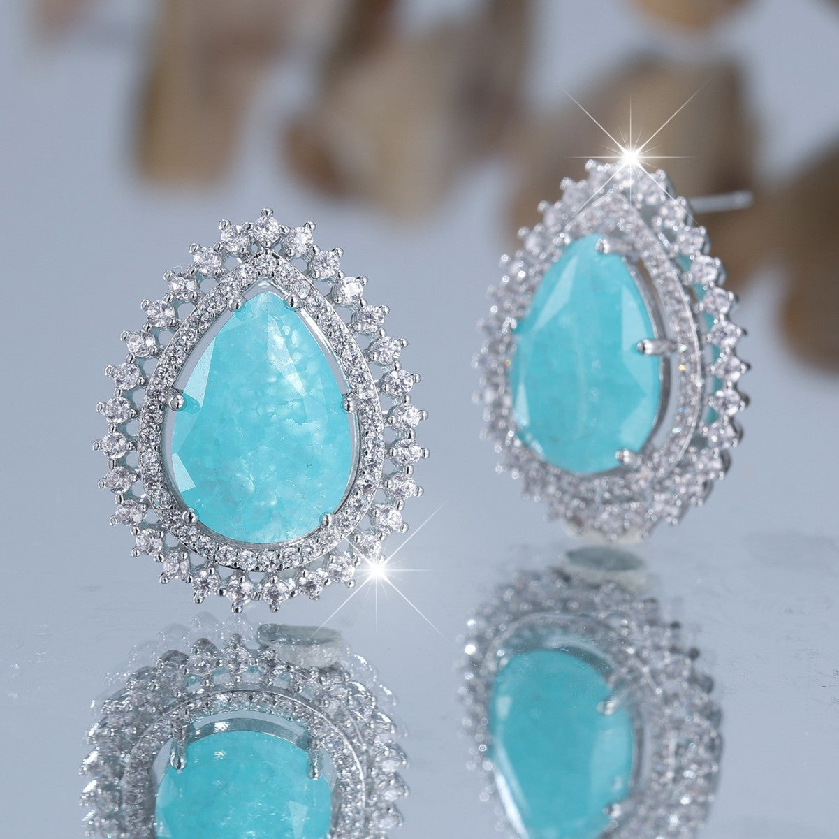 Women's Water Drop Ice Flower White Diamond Earrings