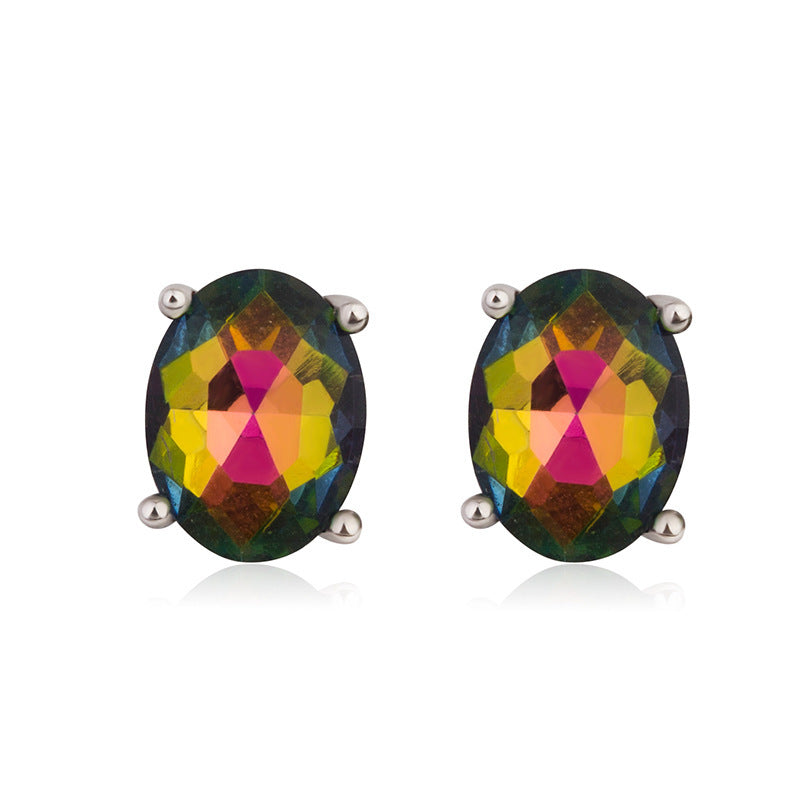 Oval Stud Earrings with Colorful Stones for Women