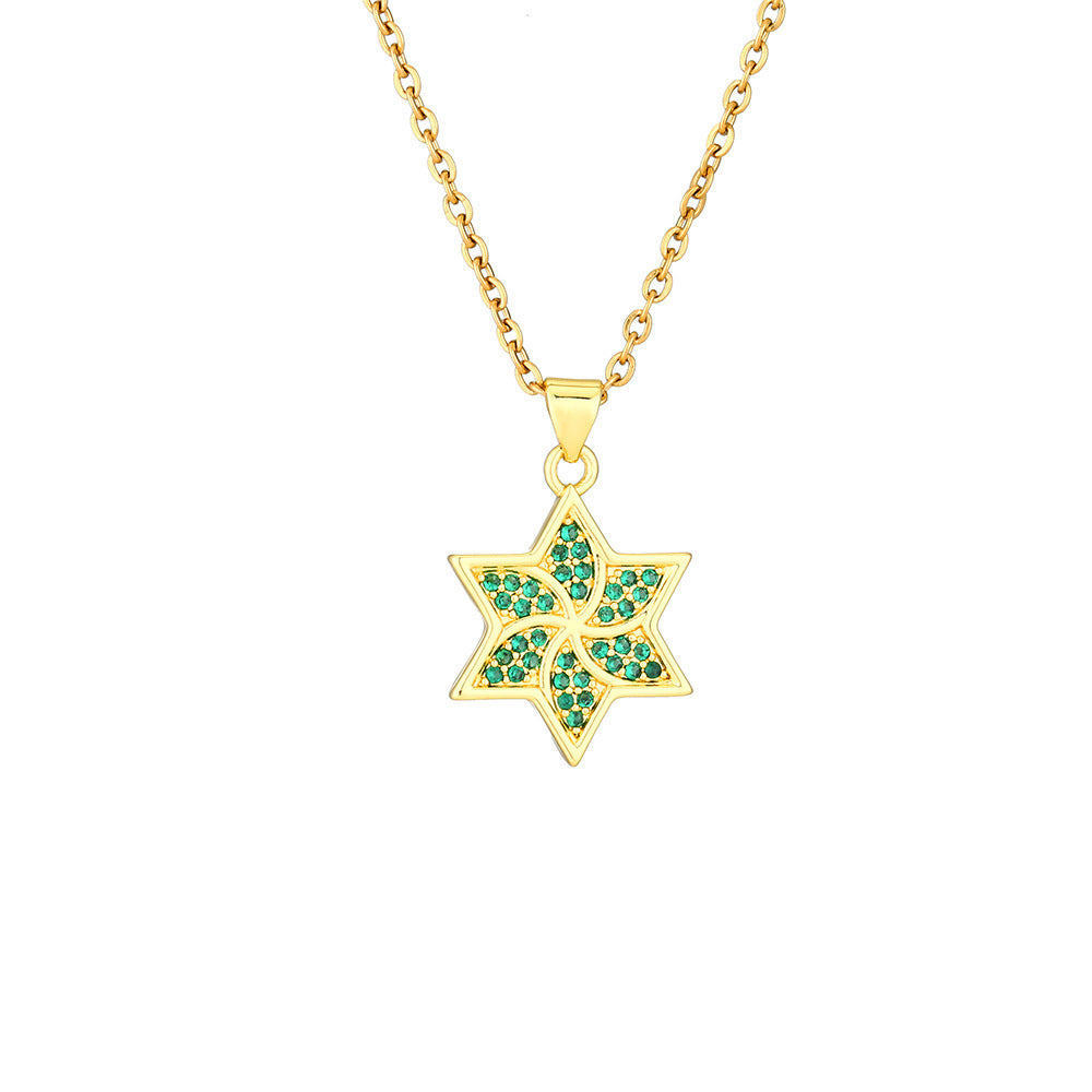 Six-pointed star shaped emerald zircon pendant necklace combines geometric design and fine craftsmanship