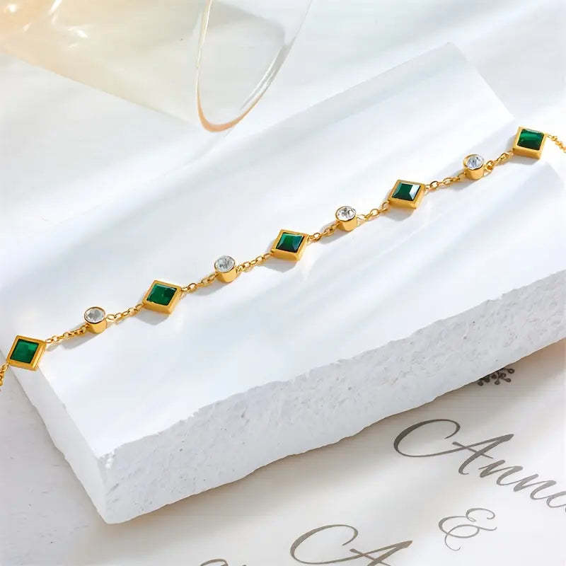 Bracelet Carré à Incrustation Émeraude et Strass en Acier Titane Plaqué Or - NovaShop NovaShop Green Bigbuy