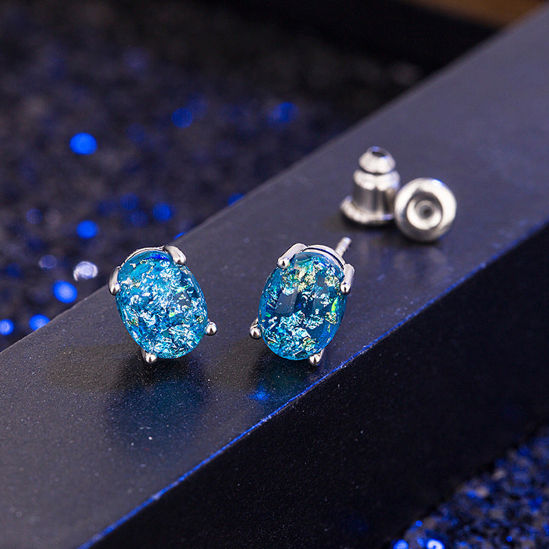 Oval Stud Earrings with Colorful Stones for Women