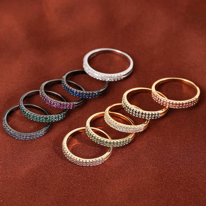 Elegant Simple Copper Ring with Inlaid Colorful Zircon