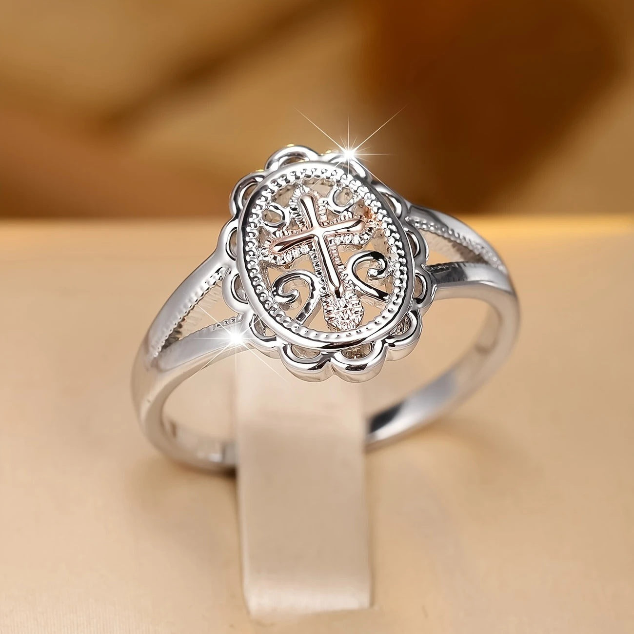 Personalized Ring for Women with Cross and Lace