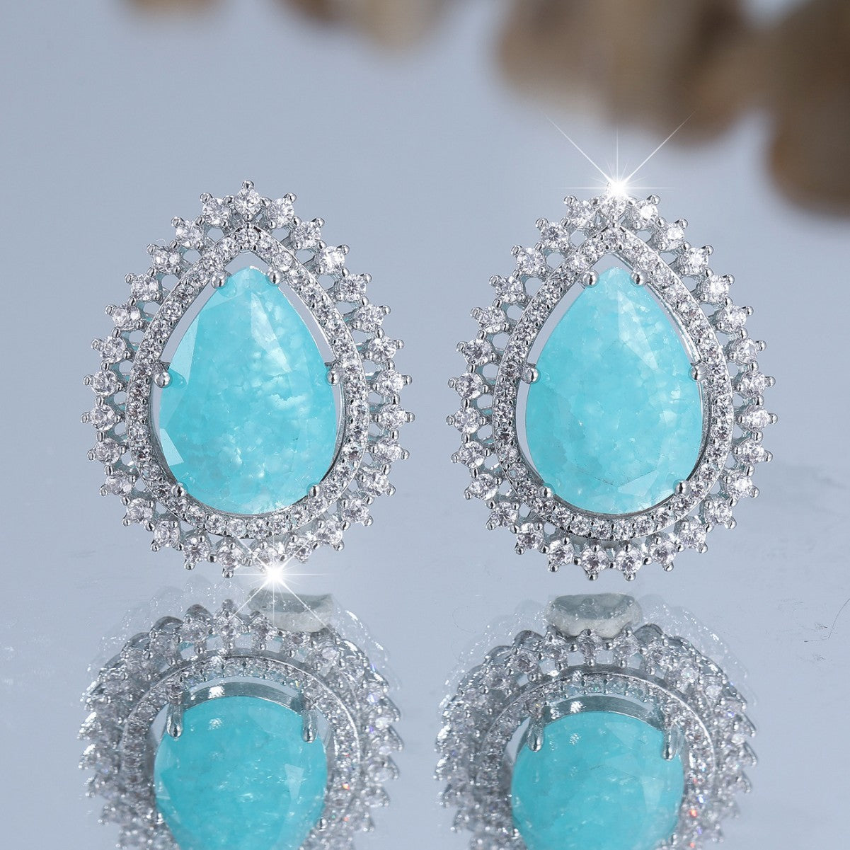 Women's Water Drop Ice Flower White Diamond Earrings
