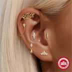 S925 sterling silver ear stud with rhinestone inlaid and hollow lotus flower