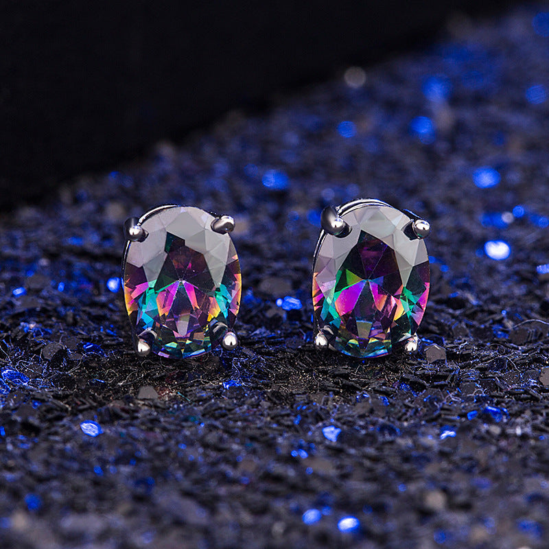 Oval Stud Earrings with Colorful Stones for Women