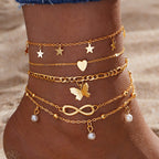 Set of 4 Women's Multi-layer Heart and Butterfly Anklets