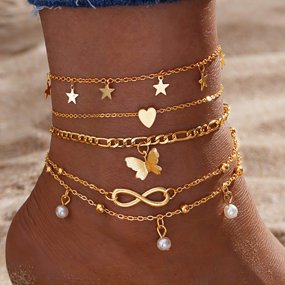 Set of 4 Women's Multi-layer Heart and Butterfly Anklets
