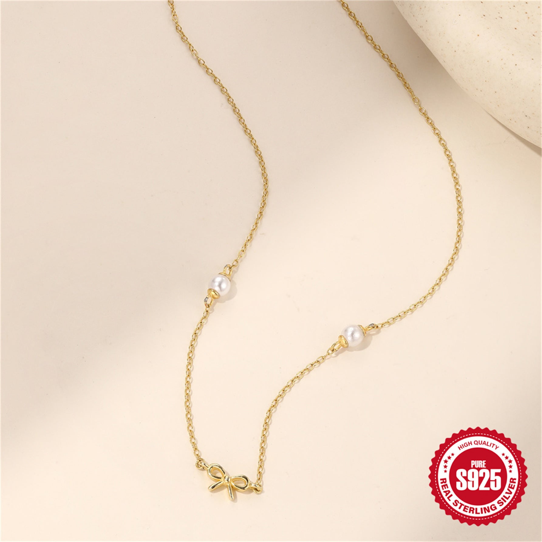 S925 Sterling Silver Double Clavicle Chain Necklace with Pearl Knot