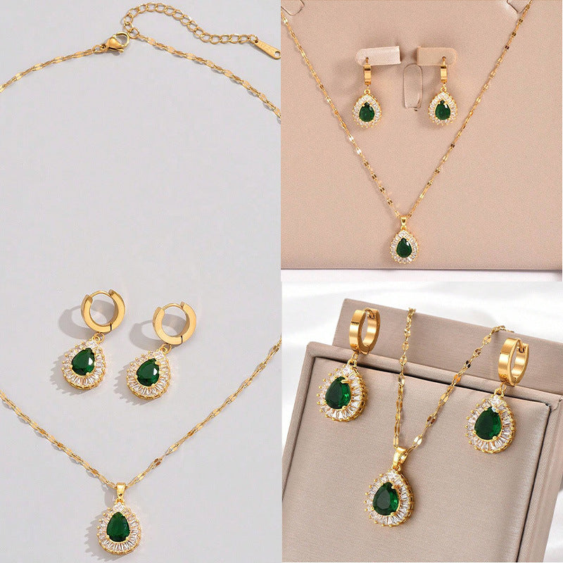 Retro Hong Kong Style White Jade Set - Matching Necklace and Earrings