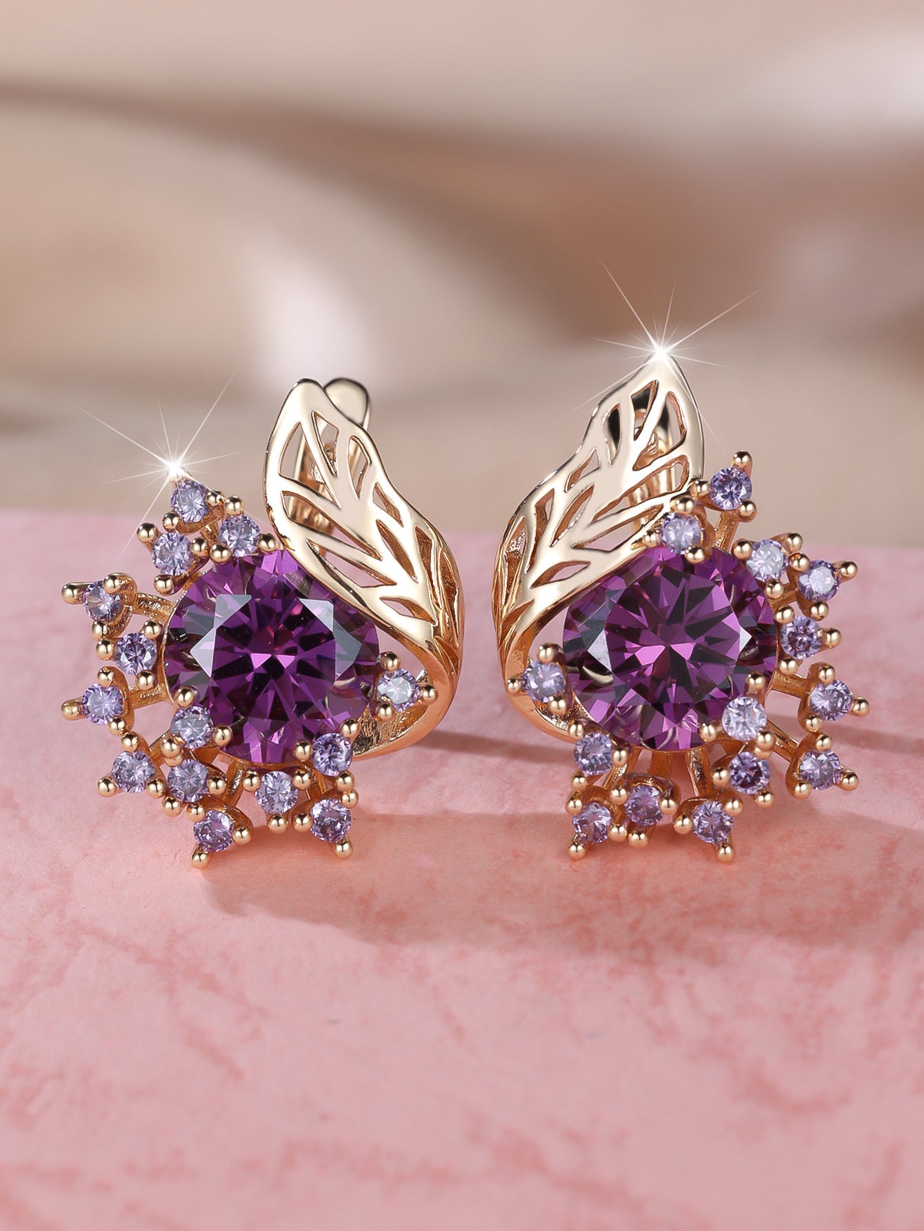 Boucles d’oreilles rondes fleurs plume en zircon - NovaShop NovaShop Gold Purple Diamond / Rose gold Bigbuy