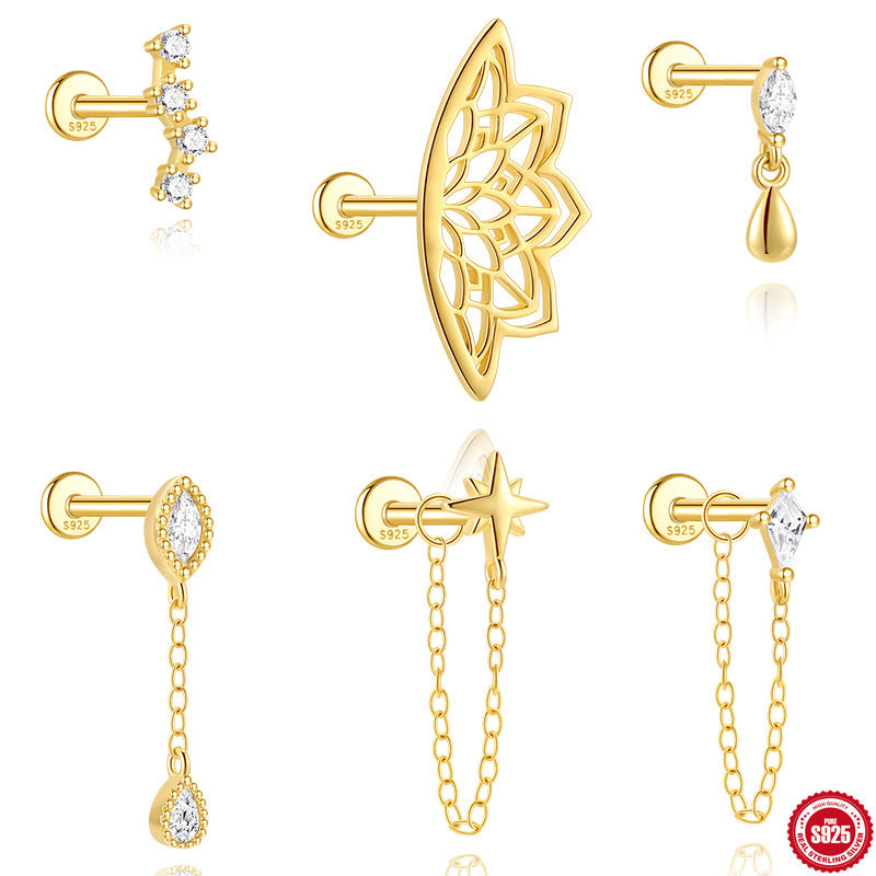 S925 sterling silver ear stud with rhinestone inlaid and hollow lotus flower