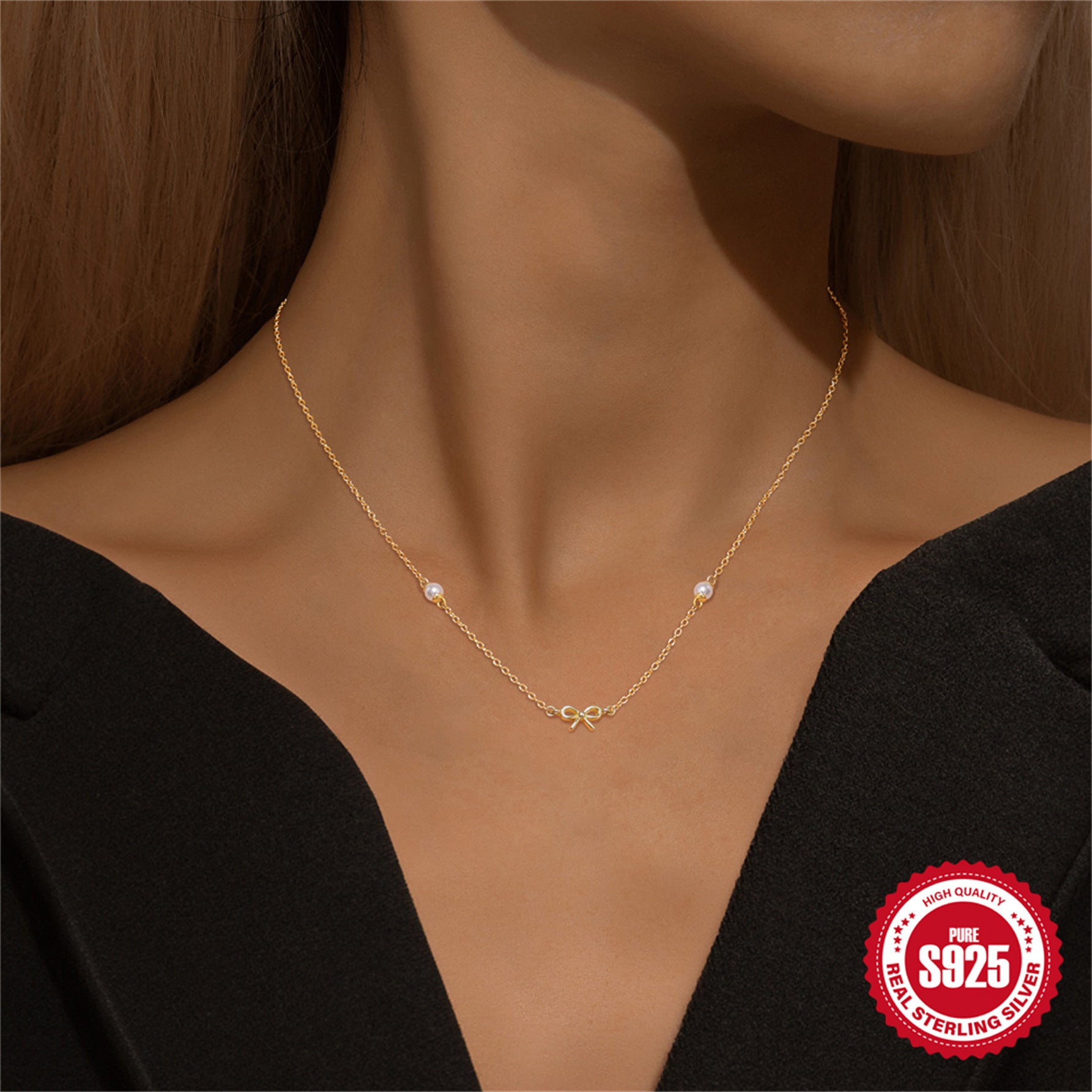 S925 Sterling Silver Double Clavicle Chain Necklace with Pearl Knot