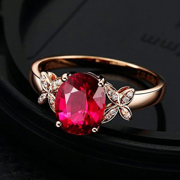18k Rose Gold Plated Copper Butterfly Women's Ring with Red and Blue Heart Details