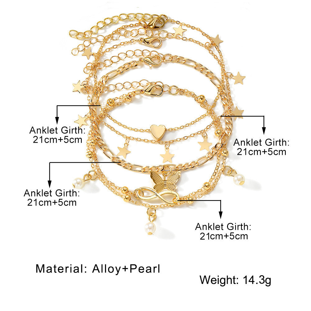Set of 4 Women's Multi-layer Heart and Butterfly Anklets