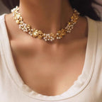 Vintage mid-antique necklace with ginkgo leaf and pearls, frosted brushed effect