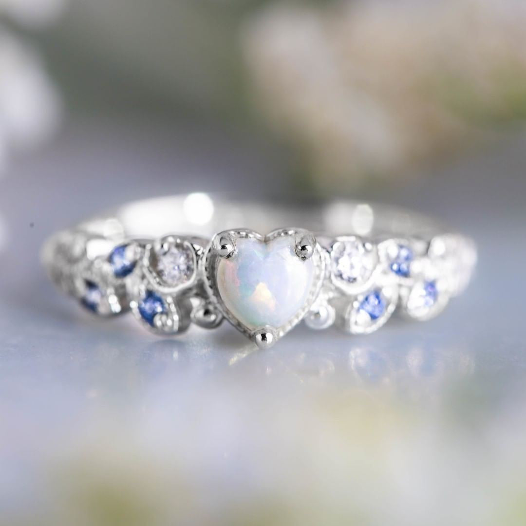 Peach Heart Ring for Women Flower Opal Ocean Heart Love