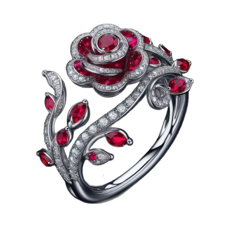 Popular intertwined leaf and flower ring with micro-encrusted zircons