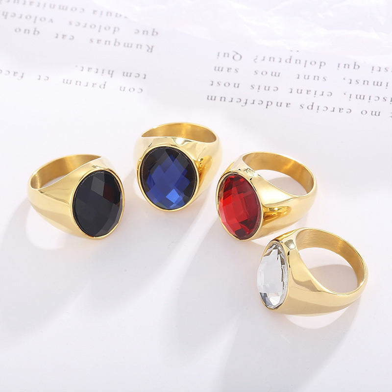Elegant and personalized oval glass ring for women, retro electroplated titanium steel jewelry
