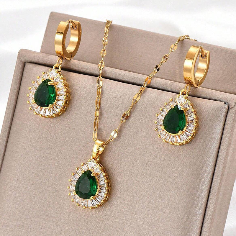Retro Hong Kong Style White Jade Set - Matching Necklace and Earrings