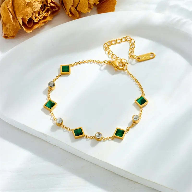 Bracelet Carré à Incrustation Émeraude et Strass en Acier Titane Plaqué Or - NovaShop NovaShop Green Bigbuy