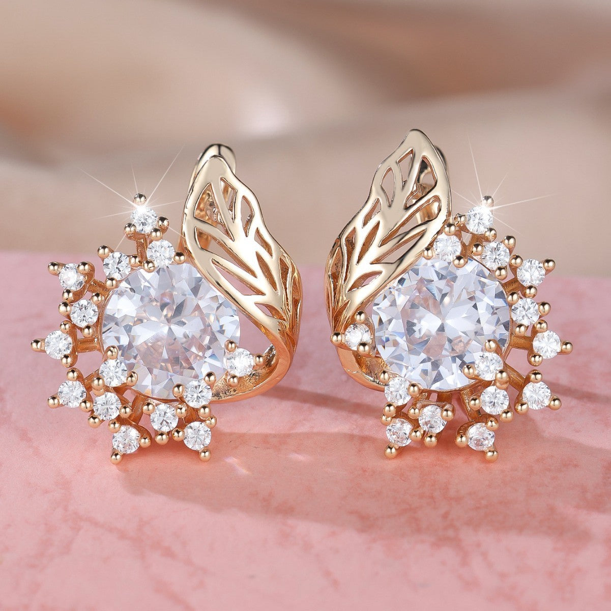 Boucles d’oreilles rondes fleurs plume en zircon - NovaShop NovaShop White Diamond / Rose gold Bigbuy
