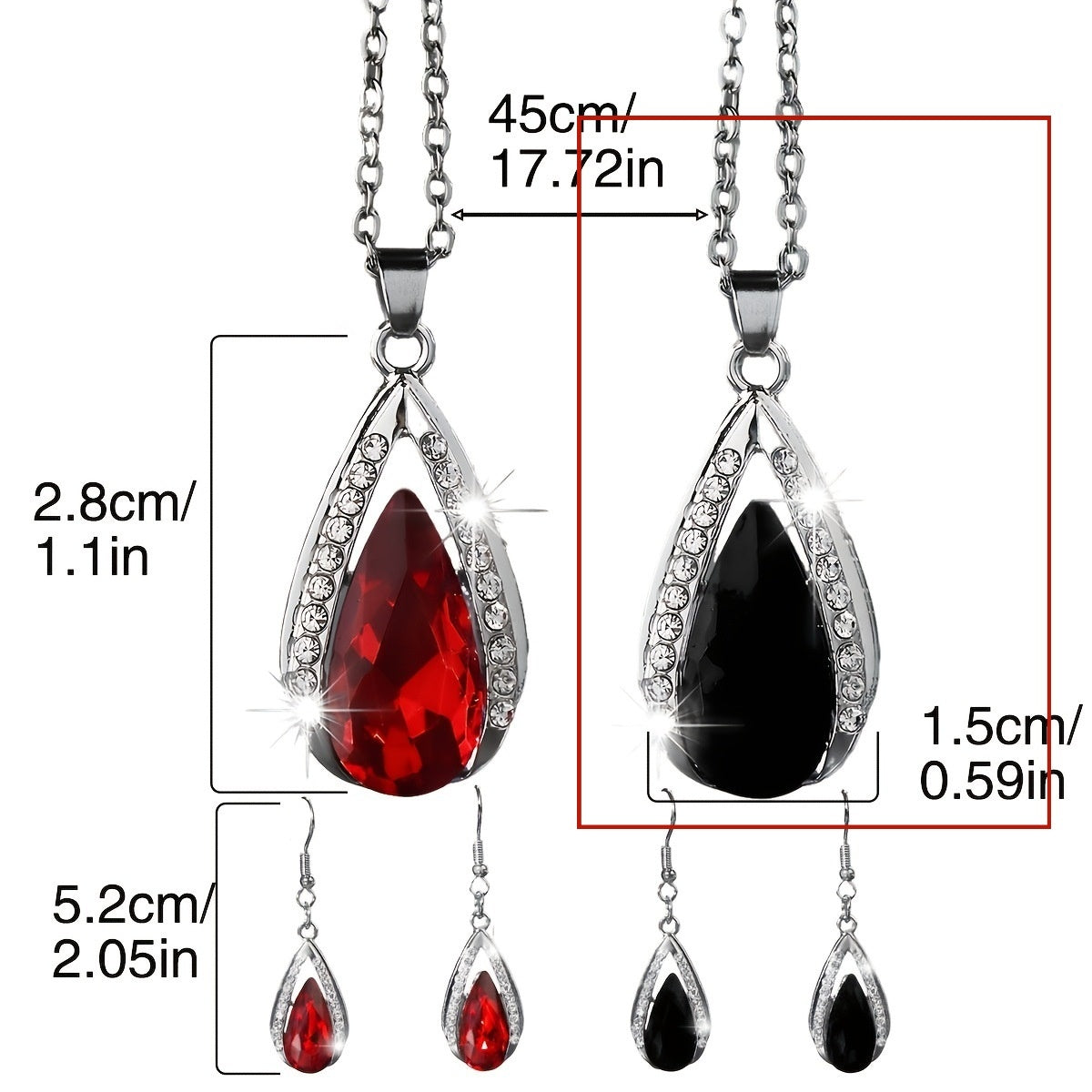 This set of a necklace and a pair of earrings features an elegant design with glass drop pendants.