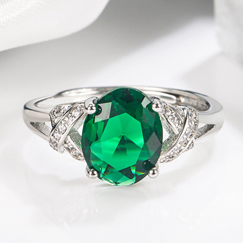 Women's Inlaid Zircon Open Ring, Emerald Tourmaline Cross Open Ring