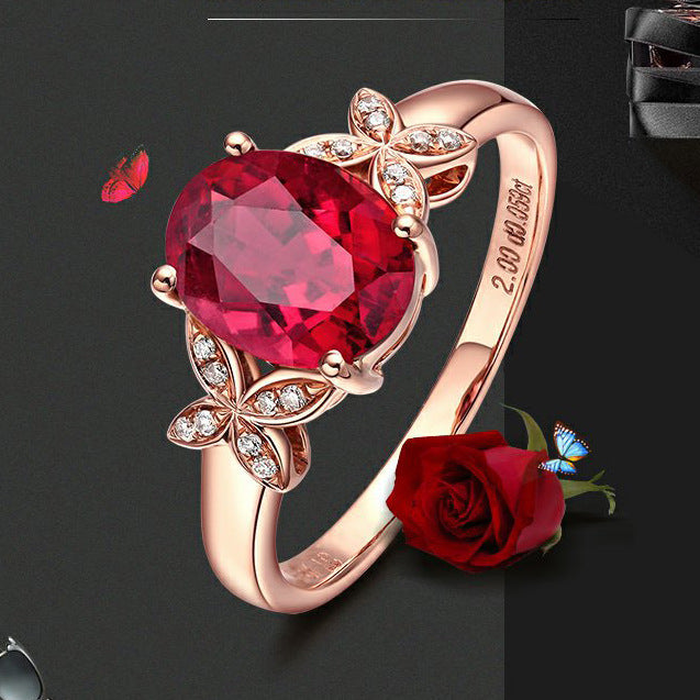 18k Rose Gold Plated Copper Butterfly Women's Ring with Red and Blue Heart Details